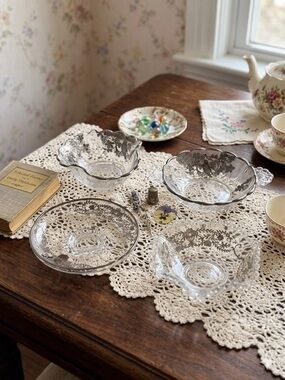 Variety of Vintage Silver Overlay Glass Dishes Grandma Cottage Candy Trinket
